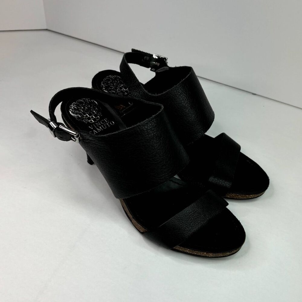 Vince Camuto Black Leather Strap Slingback Kitten Heels Sandals Womens Designer - Picture 4 of 11